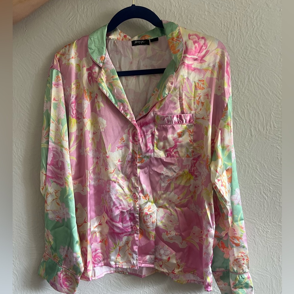 Floral Satin Pajama Shirt and Pant Set